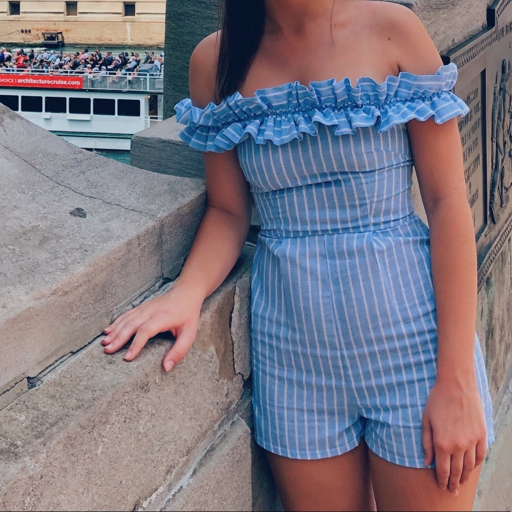 Missguided blue & white striped fitted romper sz2